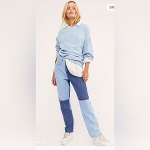 The Ragged Priest Quarter Panel Mom Jeans Frayed Colorblock Patchwork Denim